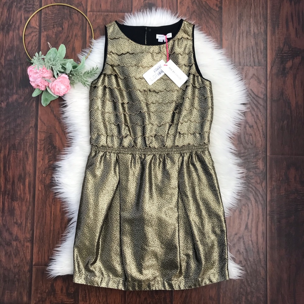 NWT See By Chloe Gold Scalloped Sleeveless Cocktail Mini Dress